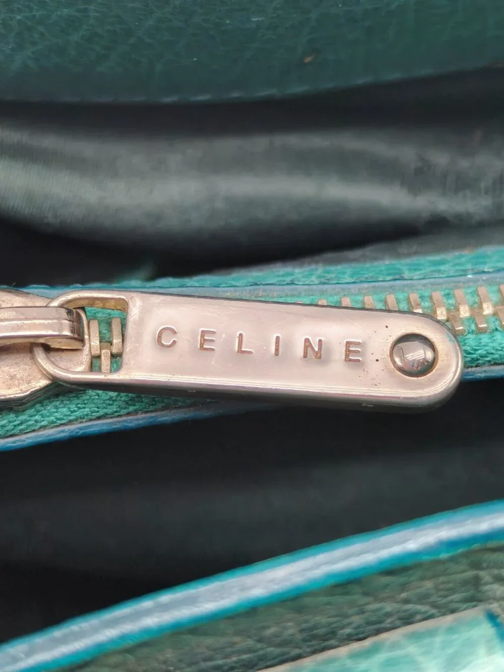 Celine Pebbled Leather Satchel Handbag Turquoise Blue Teal Silver Hardware